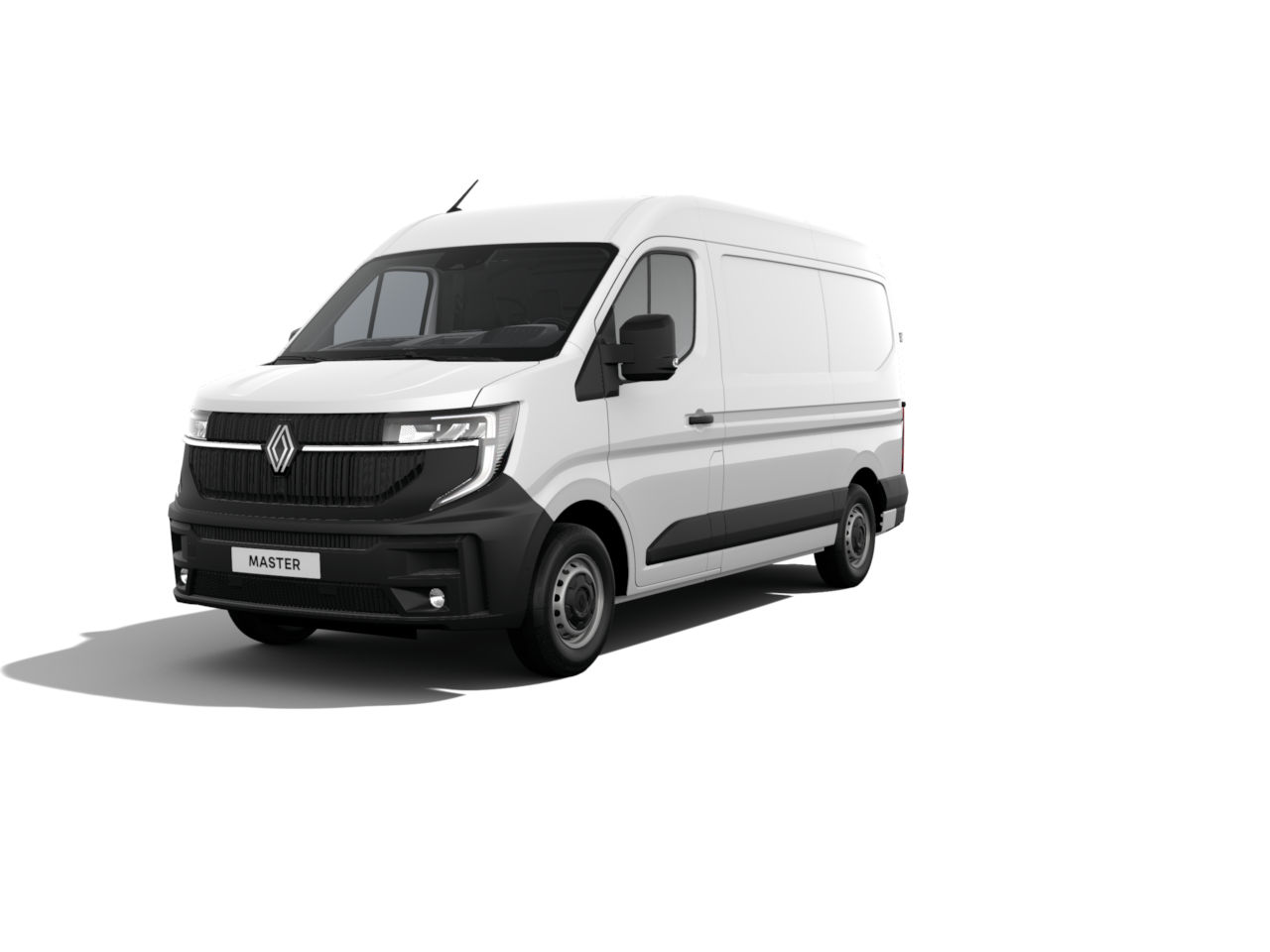 Weißer Renault Master Lieferwagen mit schwarzem Stoßfänger, seitlicher Sicht, auf hellem Hintergrund.