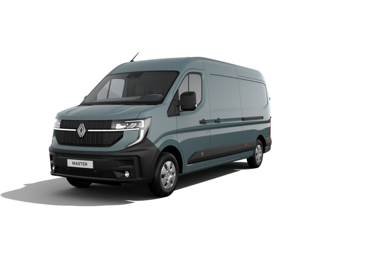 Renault Master, großer Transporter in grau, steht auf weißem Hintergrund, ideal für berufliche Nutzung.