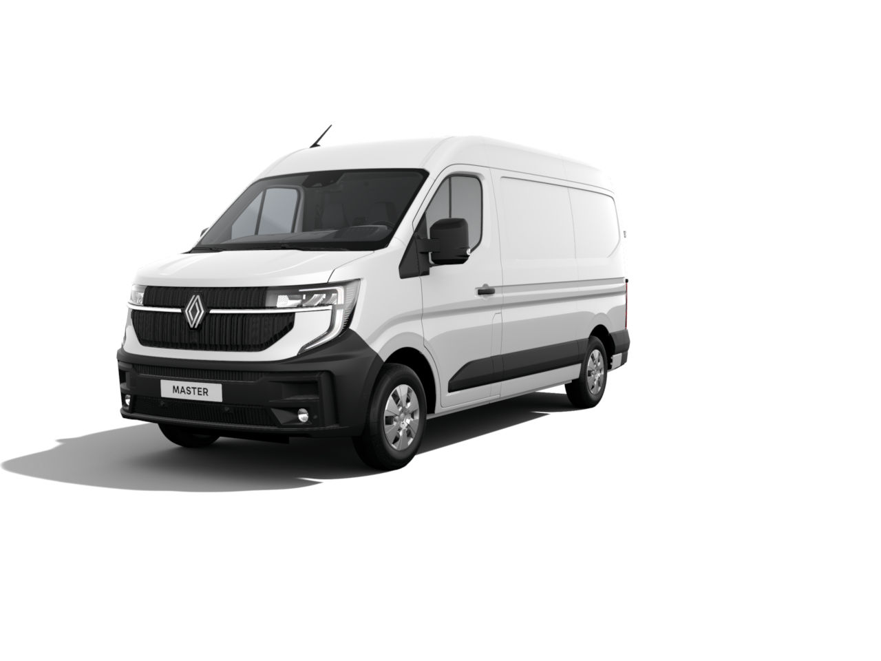Weißer Renault Master Transporter in frontalen Winkel, ideal für gewerbliche Transporte.