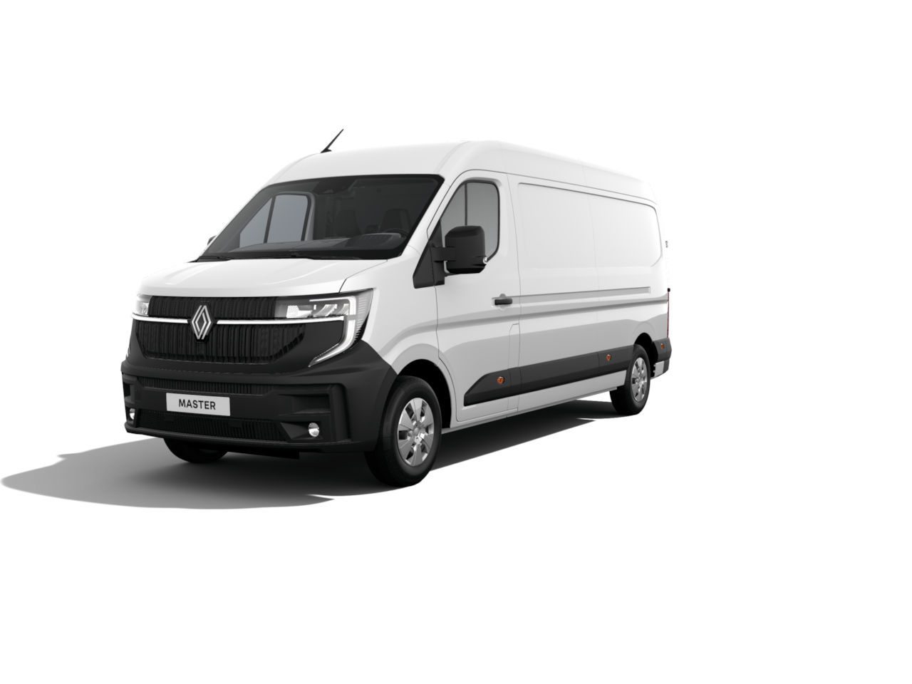 Weißer Renault Master Transporter im 3/4-Blick, ideal für Gewerbe und Versand.