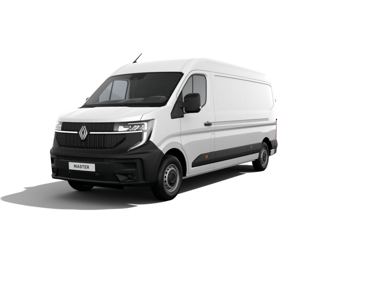 Weißer Renault Master Transporter im Vordergrund, mit großen Fenstern und robustem Design.
