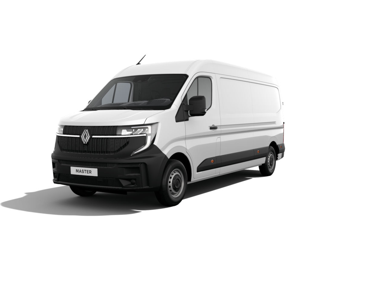 Weißer Renault Master Transporter von der Seite, im Vordergrund sichtbar, auf weißem Hintergrund.