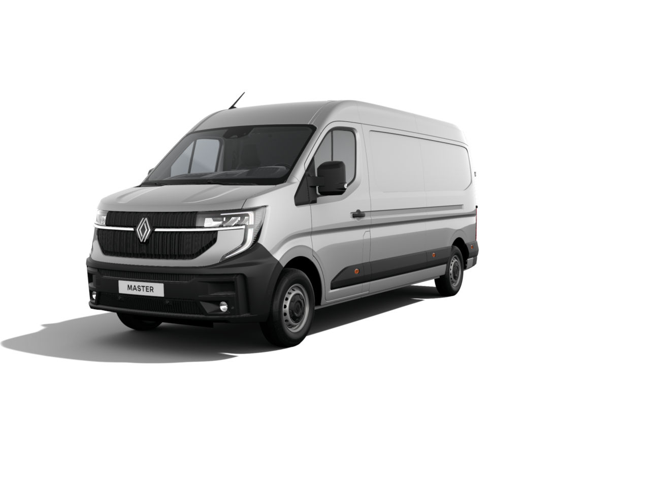 Renault Master Transporter im Vordergrund, silberne Karosserie mit schwarzen Akzenten, auf weißem Hintergrund.