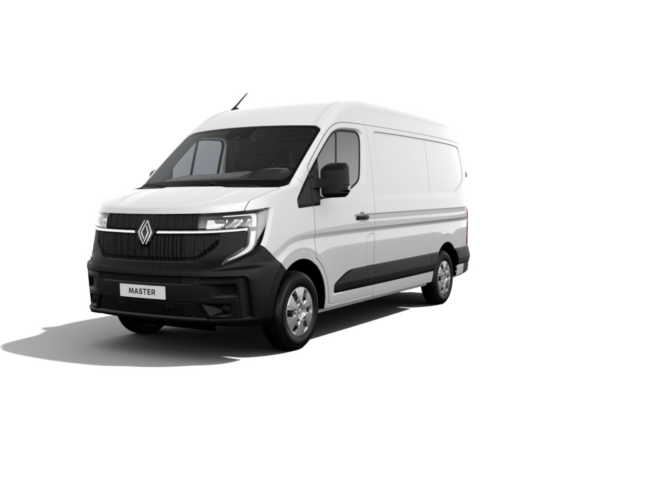 Weißer Renault Master Transporter, frontal abgebildet, umgeben von weißem Hintergrund.