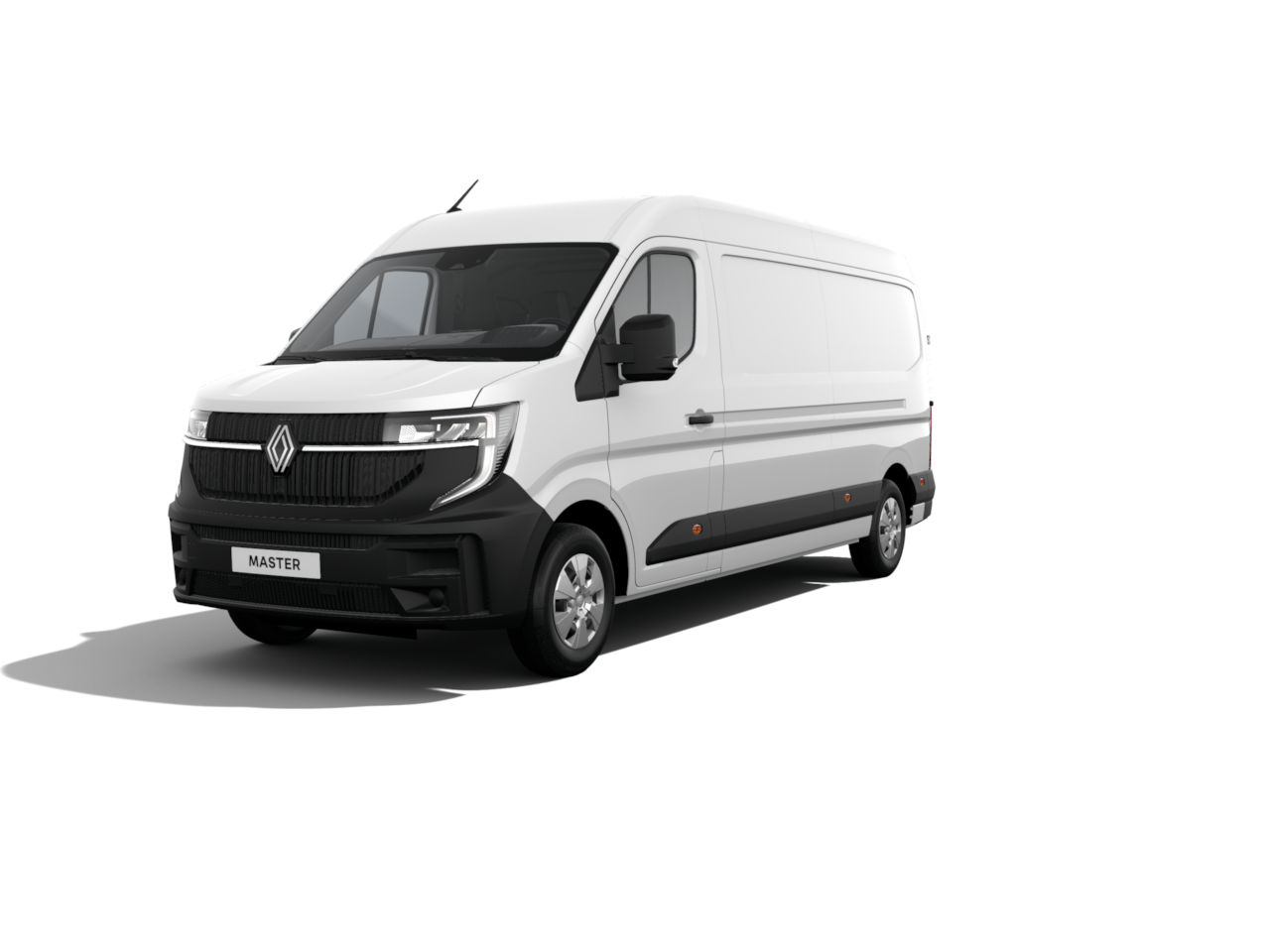 Weißer Renault Master Van im Vordergrund, seitliche Ansicht, modernes Design.