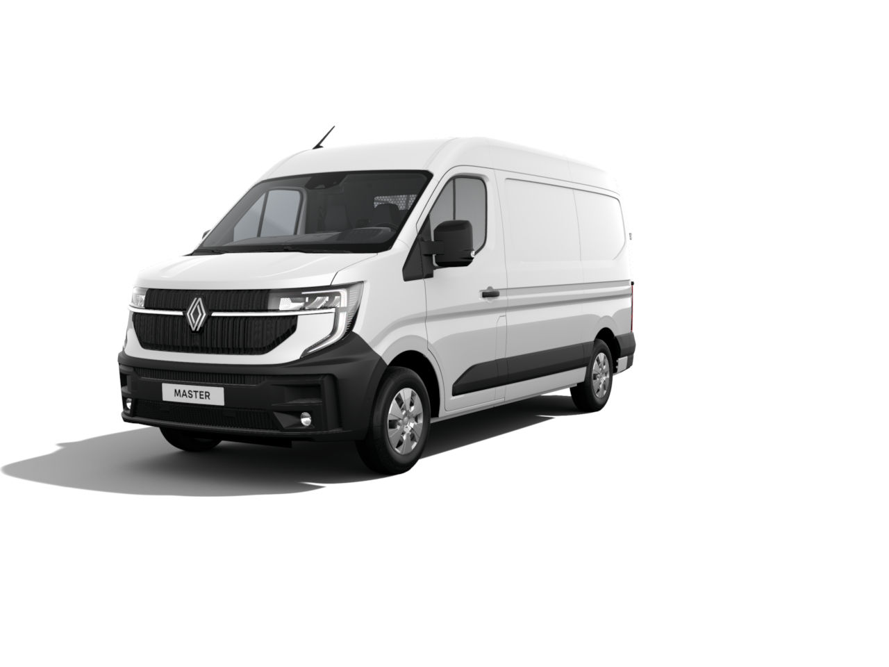 Weißer Renault Master Transporter, frontal dargestellt, auf neutralem Hintergrund.