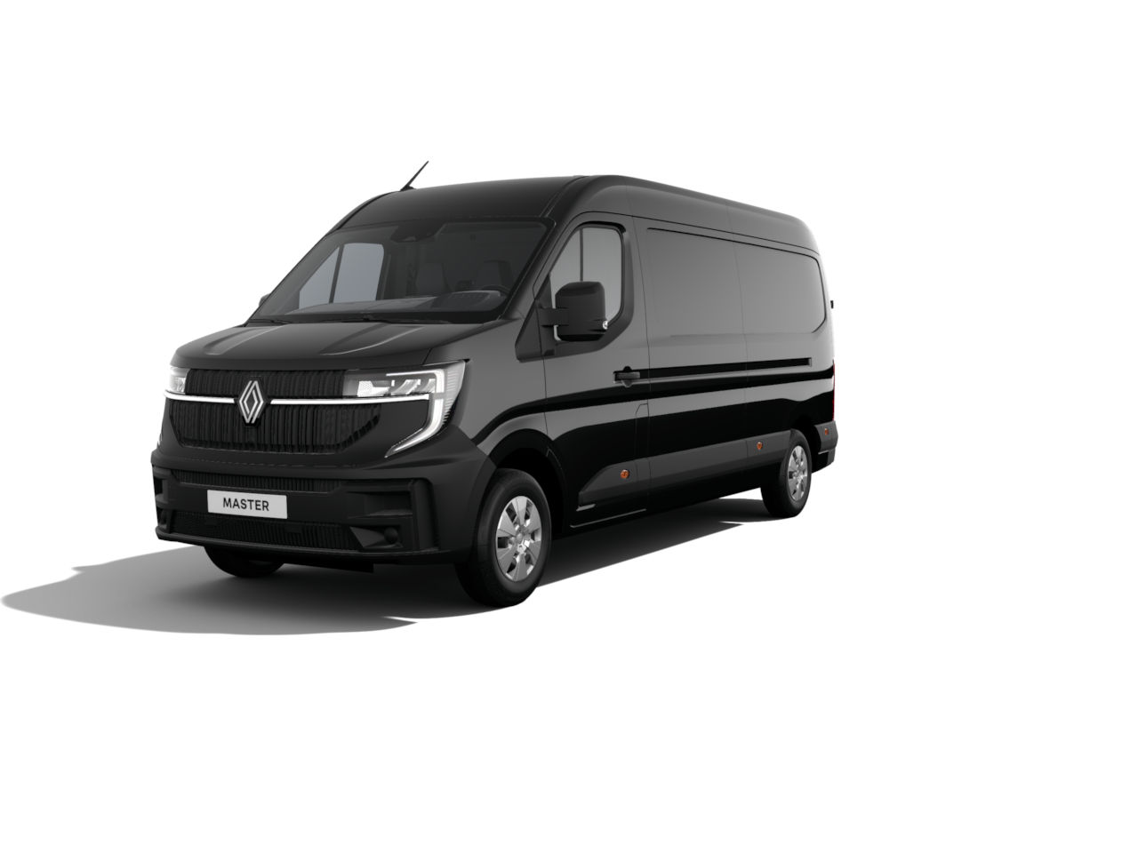 Schwarzer Renault Master Van, Frontansicht, für Transport und Lieferdienste, auf weißem Hintergrund.