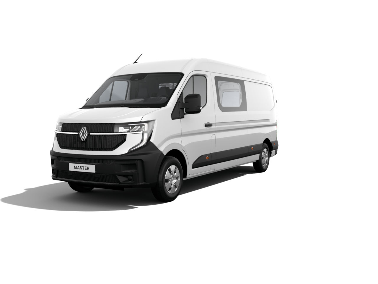 Weißer Renault Master Transporter von der Frontansicht, ideal für gewerbliche Nutzung und Transporte.