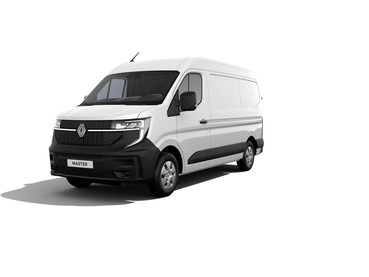 Weißer Renault Master Kastenwagen mit moderner Optik, frontal auf einem weißen Hintergrund abgebildet.