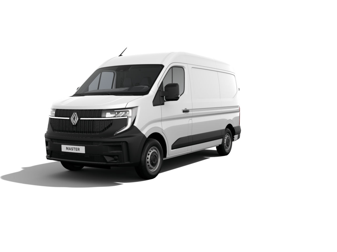 Weißer Renault Master Kastenwagen von der Seite, mit flacher Front und großen Seitenfenstern.