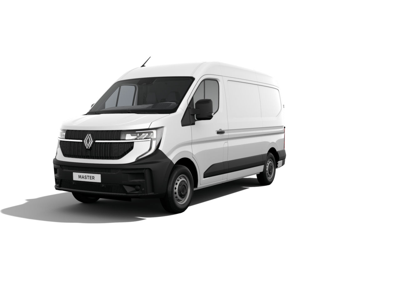 Weißer Renault Master Lieferwagen, Frontansicht, auf weißem Hintergrund.