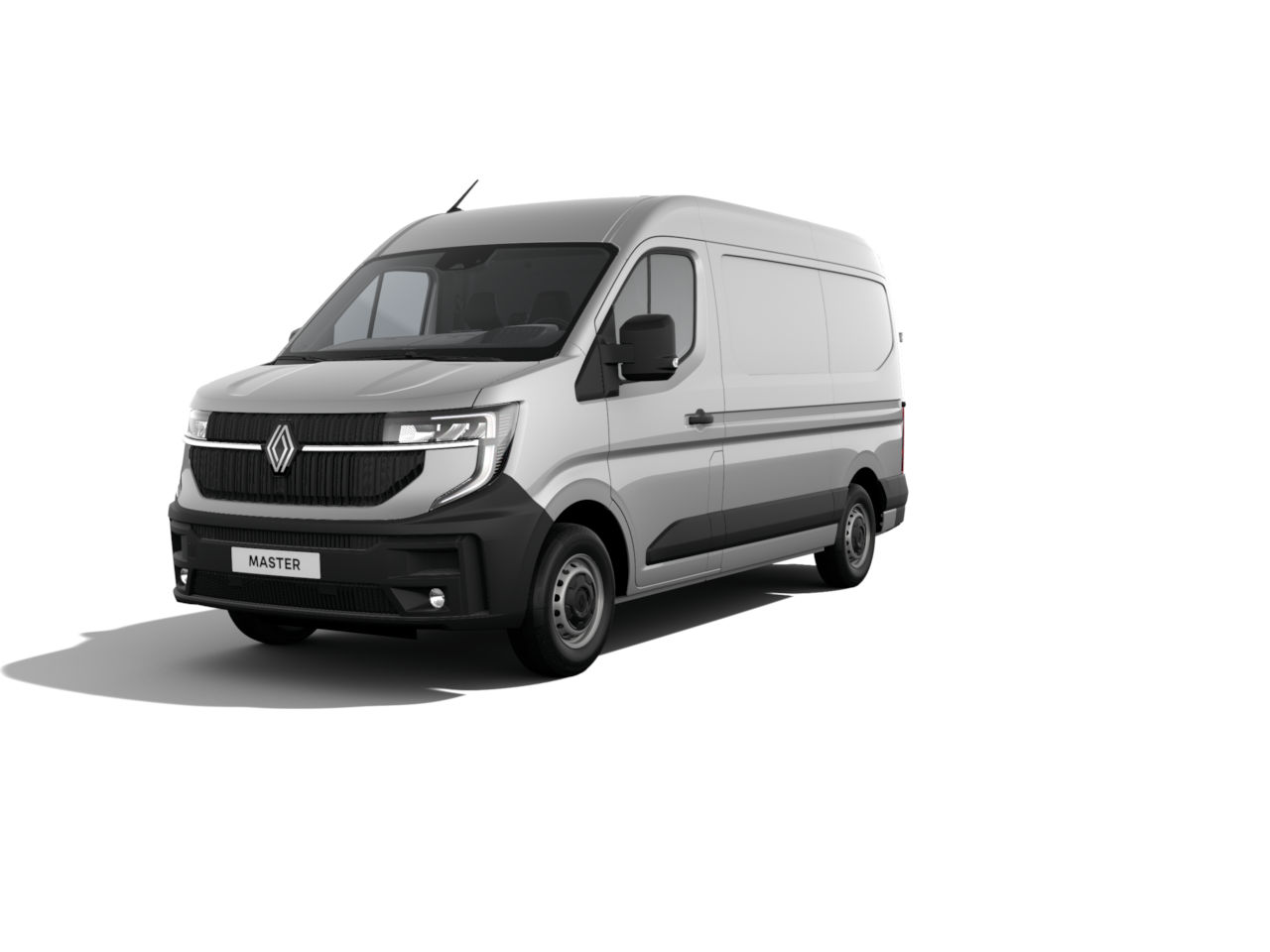 Renault Master Kastenwagen in Silber, Vorderansicht, auf weißem Hintergrund.