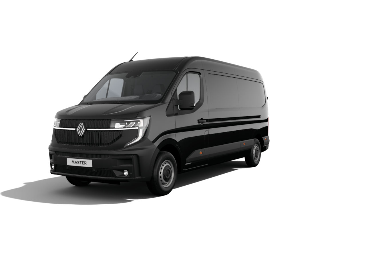 Schwarzer Renault Master Transporter mit Sicht auf die Front und Seite, auf weißem Hintergrund.