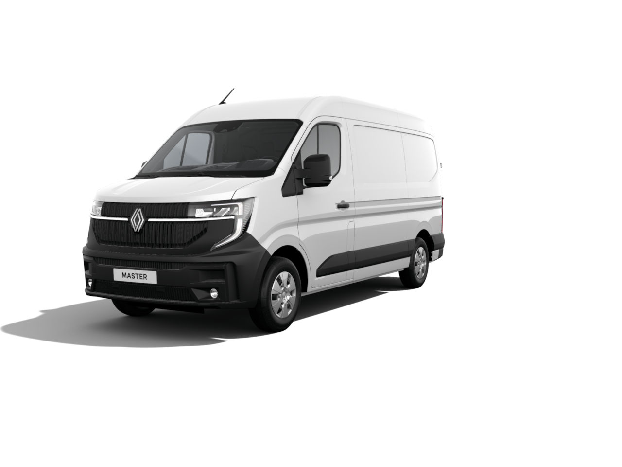 Renault Master Transporter in Weiß, Seitenansicht, ideal für gewerbliche Transporte.