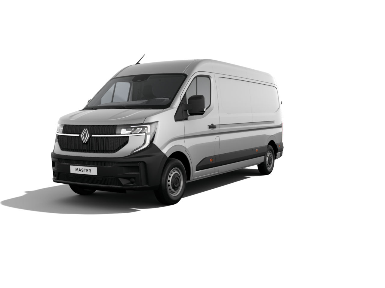 Renault Master Transporter in silber mit schwarzer Frontansicht auf weißem Hintergrund.