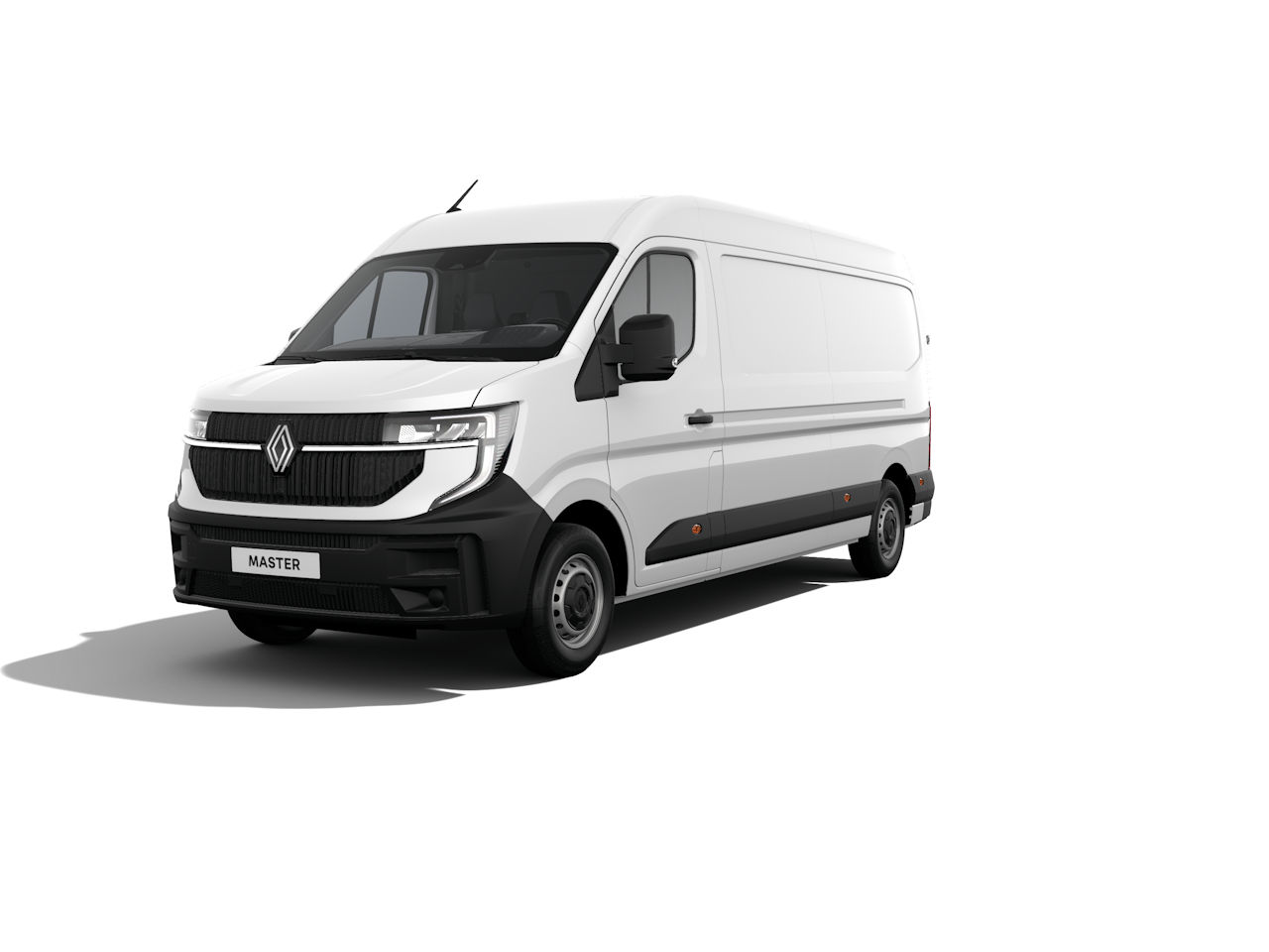 Weißer Renault Master Kastenwagen, seitlich von vorn dargestellt, auf weißem Hintergrund.