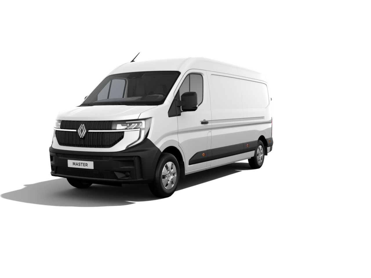 Weißer Renault Master Kastenwagen mit schwarzer Stoßstange, seitliche Ansichten, auf weißem Hintergrund.
