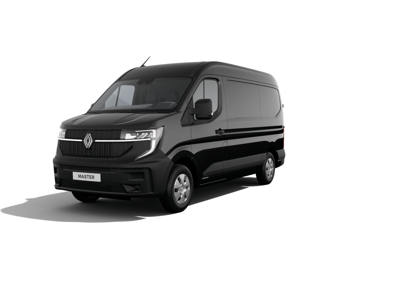 Schwarzer Renault Master Kleintransporter, seitliche Perspektive, auf weißem Hintergrund.