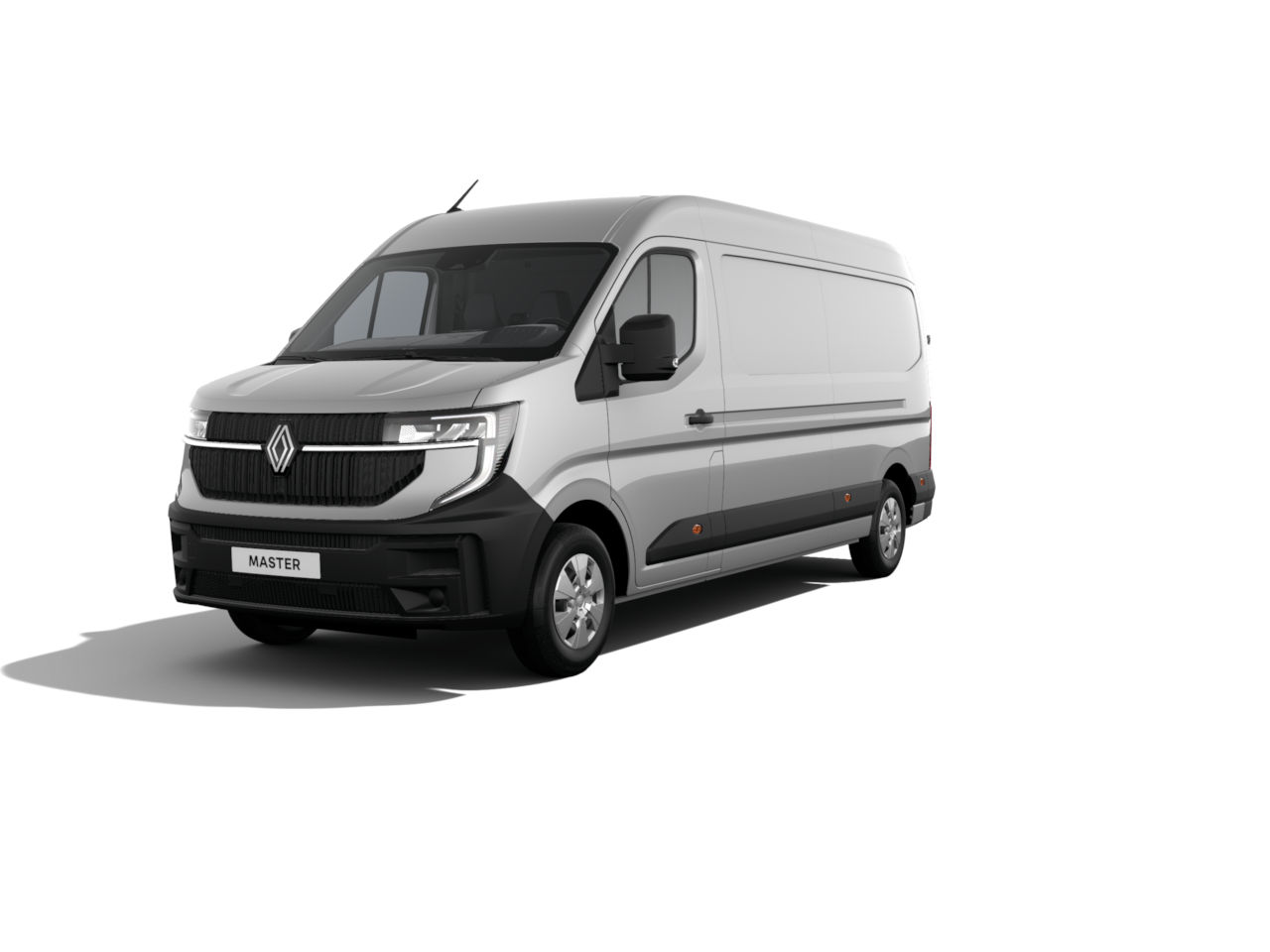 Ein silberner Renault Master Transporter im Vordergrund, auf einem weißen Hintergrund.