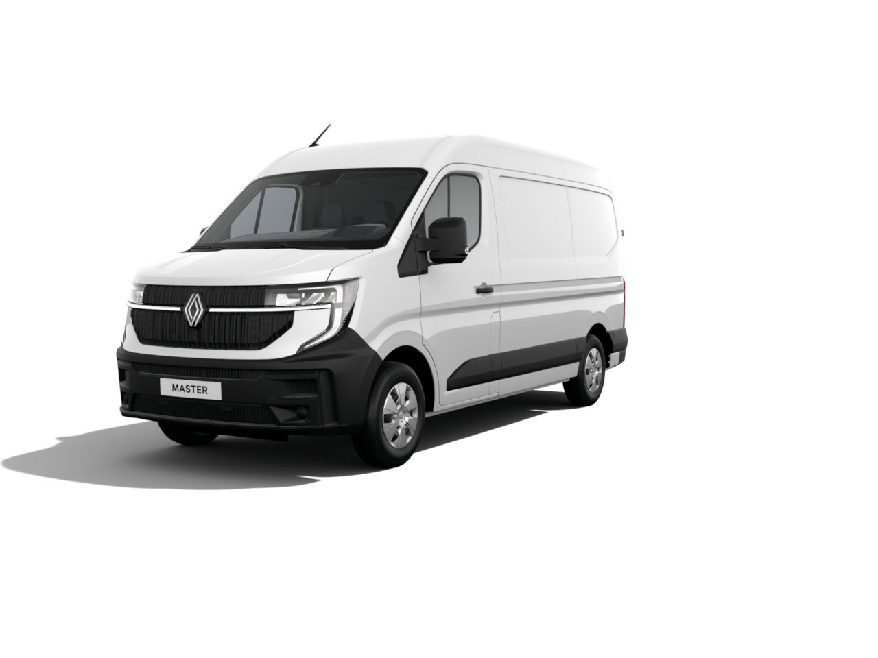 Weißer Renault Master Transporter, frontal betrachtet, auf neutralem Hintergrund.