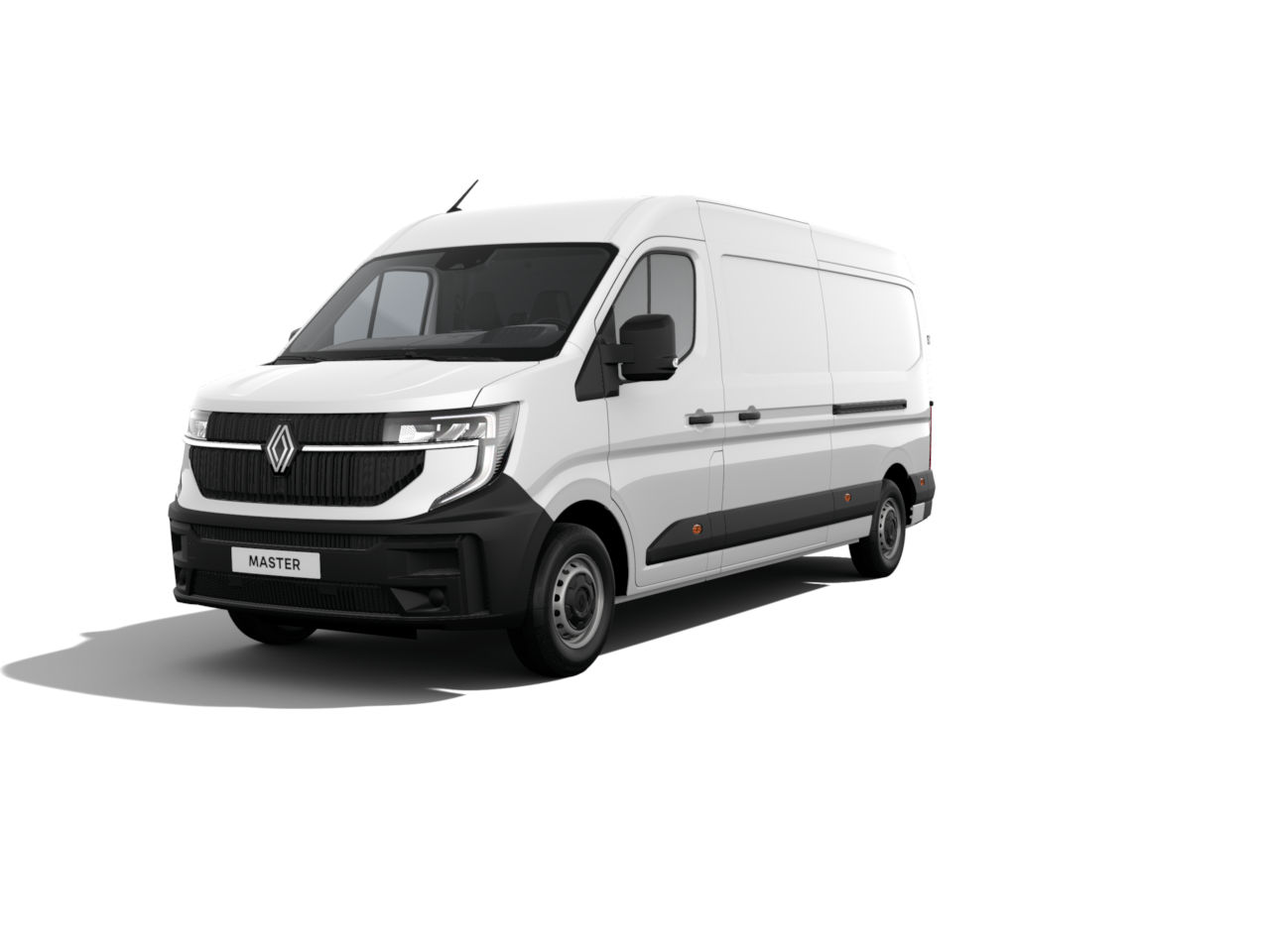 Weißer Renault Master Lieferwagen, vorderer Blick, auf einem neutralen Hintergrund.