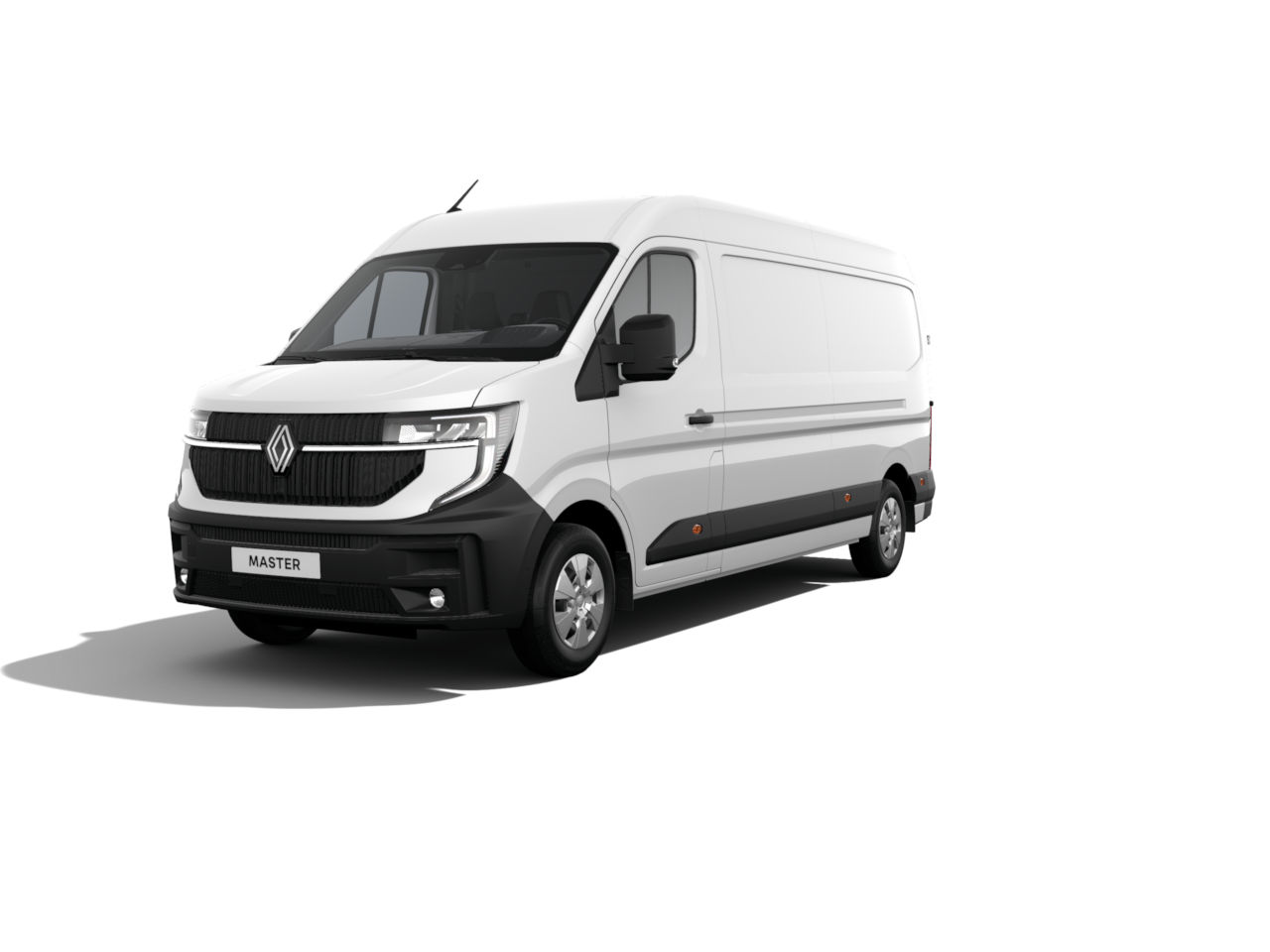 Weißer Renault Master Transporter auf einem weißen Hintergrund, seitlich angedeutet.