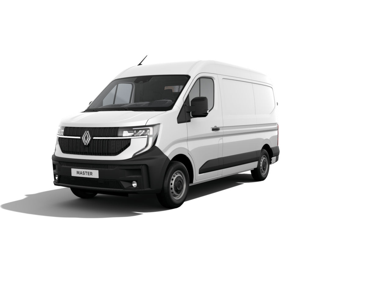 Weißer Renault Master Kastenwagen von vorne, auf einer weißen Hintergrundfläche.