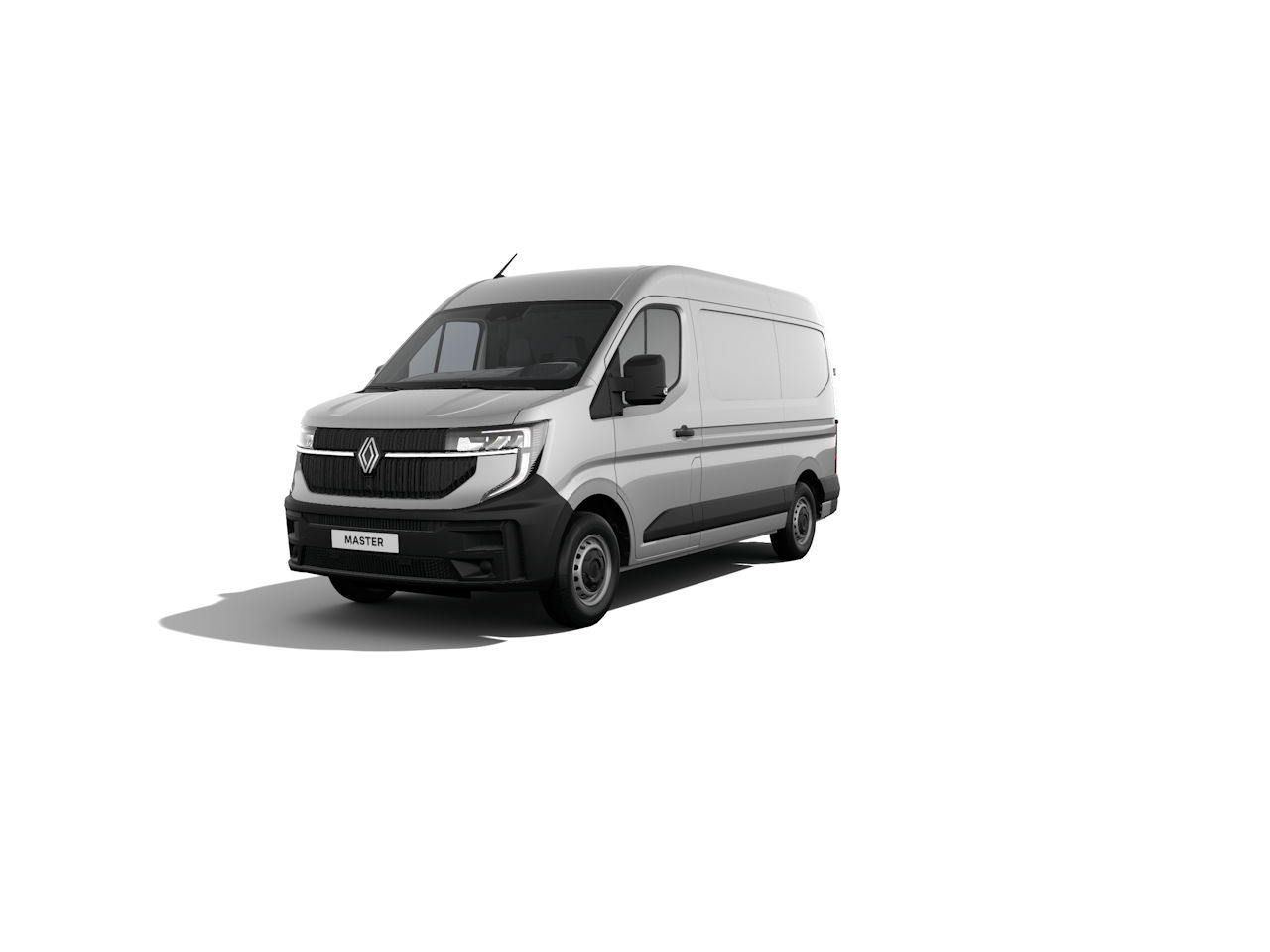 Renault Master Van in Grau und Weiß, präsentiert von der Frontansicht, auf einem weißen Hintergrund.