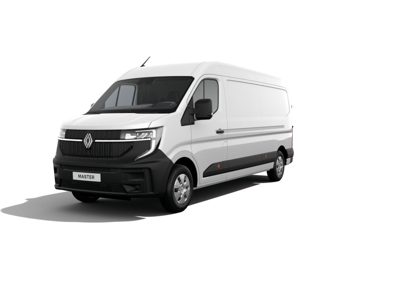 Ein weißer Renault Master Transporter, frontal gezeigt, auf einem weißen Hintergrund.