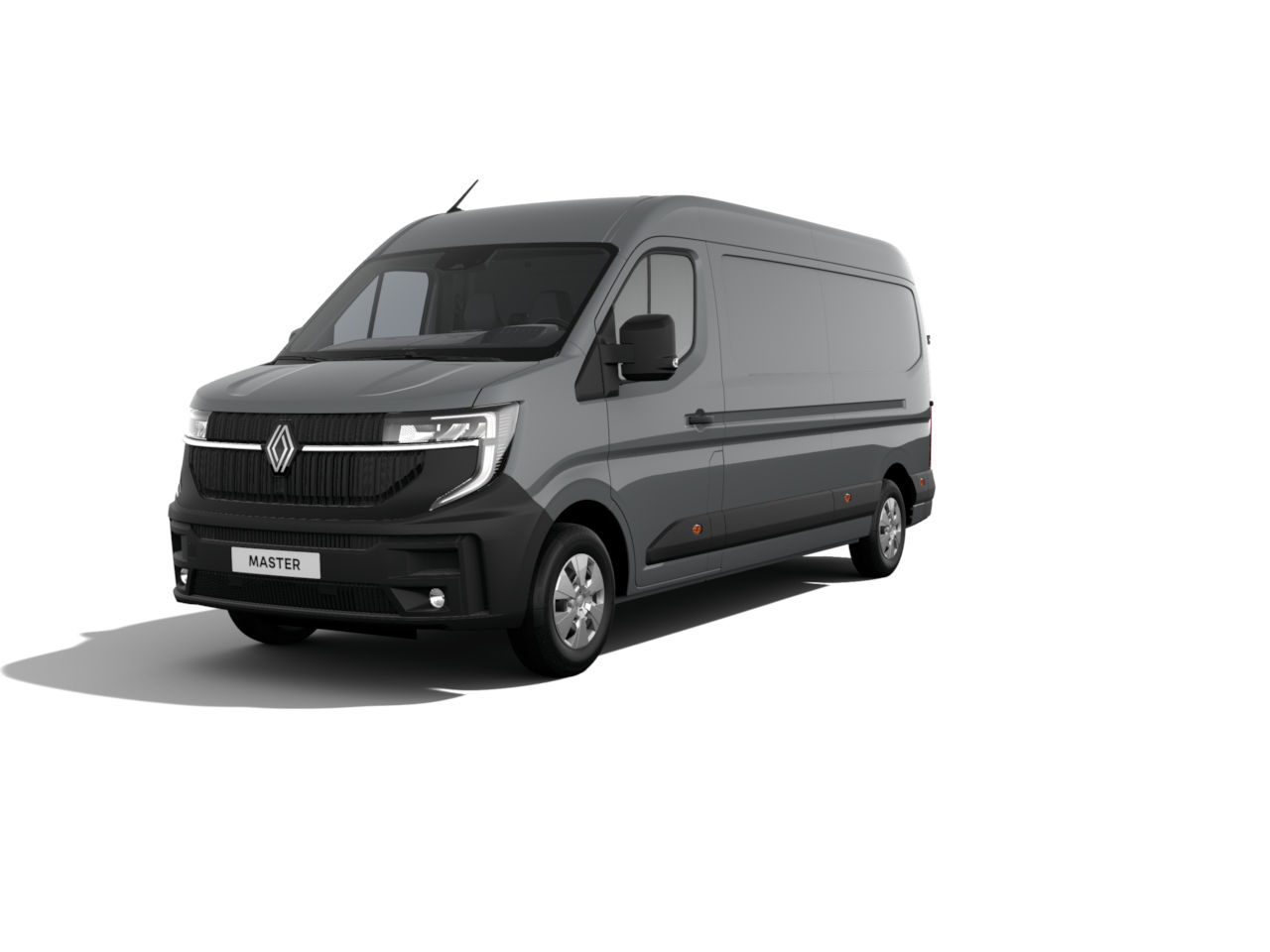Grauer Renault Master Transporter, halb frontal, auf weißem Hintergrund, für Gewerbe und Transporte.