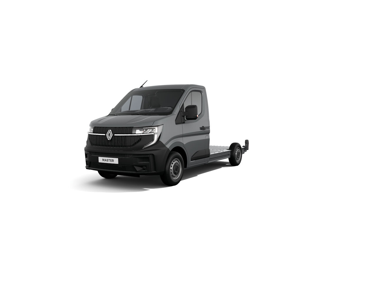 Renault Master in Schwarz, Kabine mit offener Ladefläche, Frontansicht, ideal für Transportbedürfnisse.