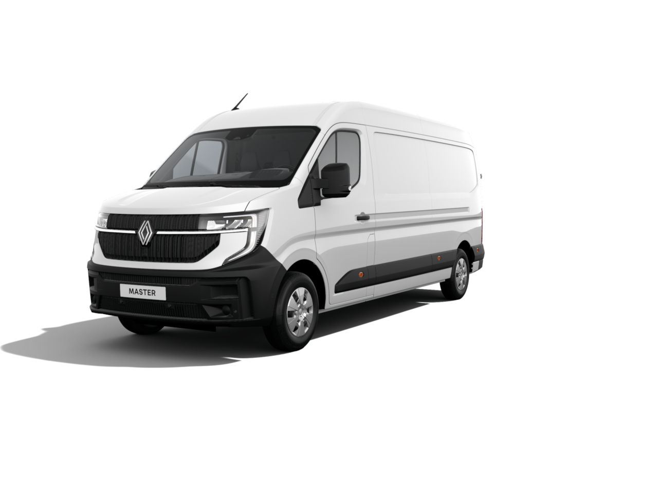 Weißer Renault Master Transporter, Frontansicht, mit schwarzem Unterbau und Pkw-artigem Design.