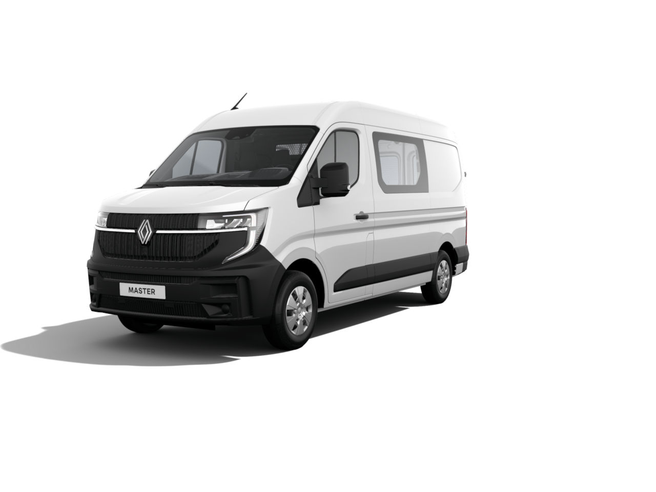 Renault Master Kastenwagen in Weiß, Ansicht von vorne links, moderner Transporter für Gewerbe und Freizeit.