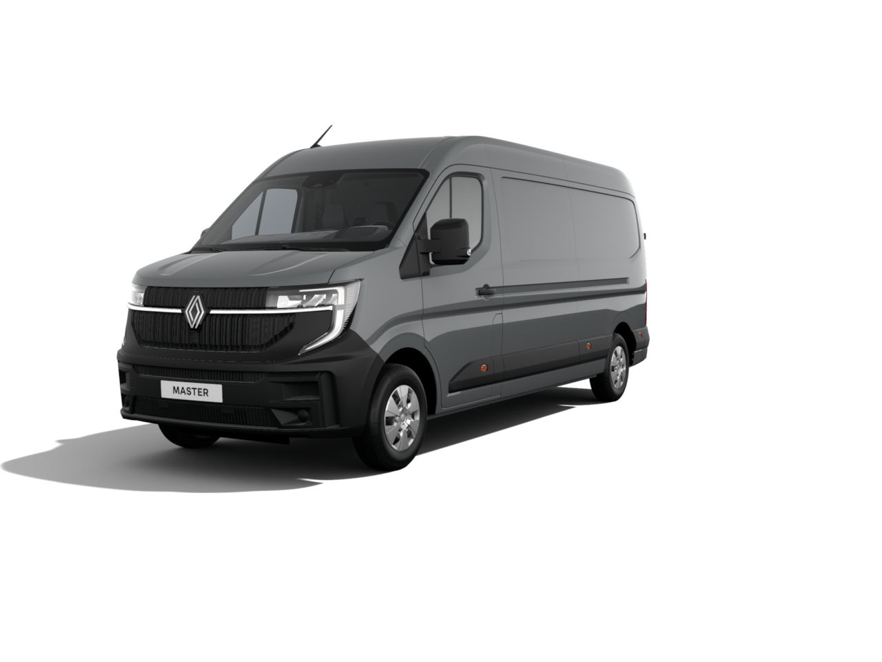 Grauer Renault Master Transporter aus der Frontalansicht mit modernen Designelementen.
