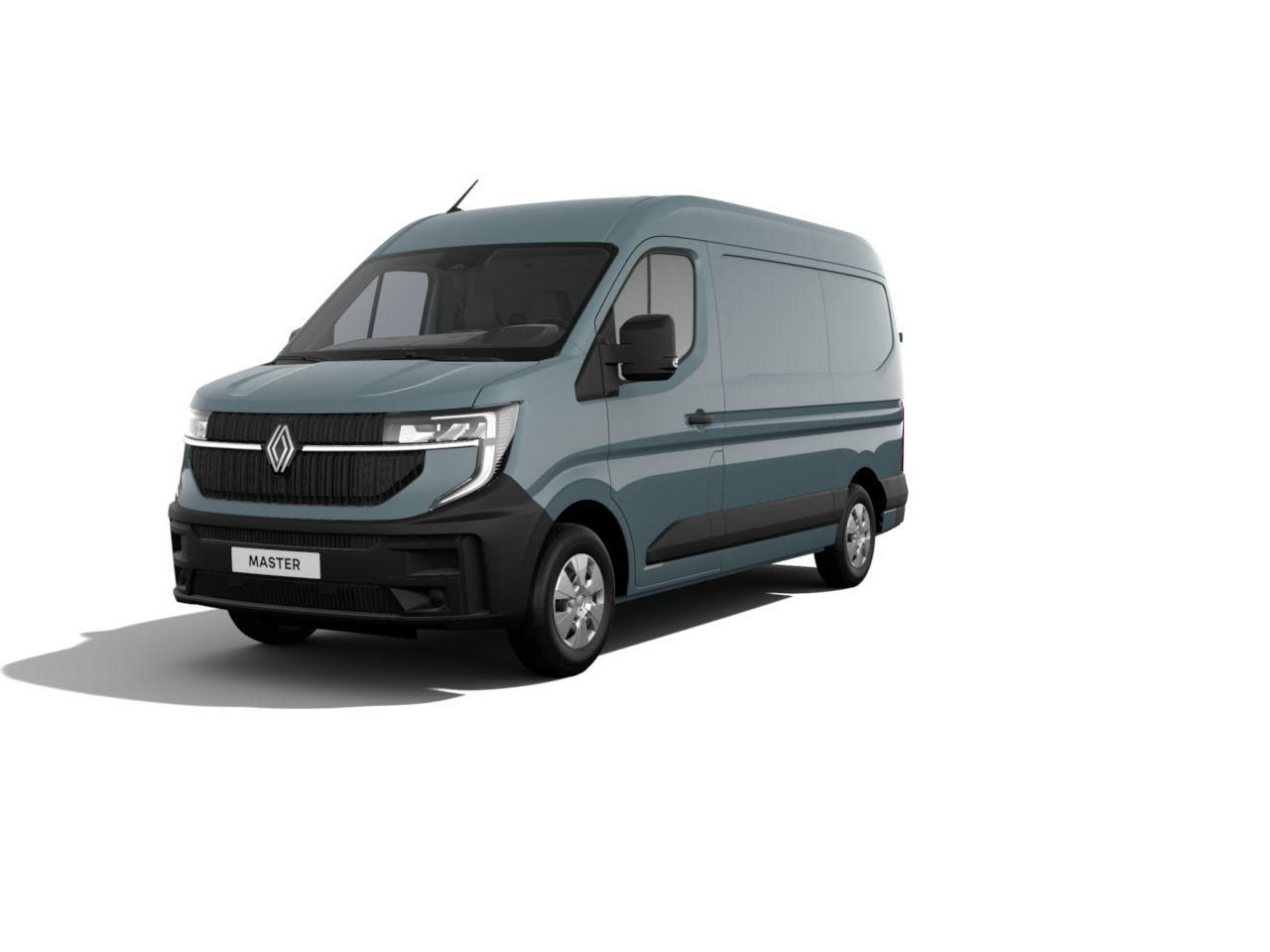 Ein grauer Renault Master Transporter von vorne, mit klaren Linien und modernem Design auf einem weißen Hintergrund.