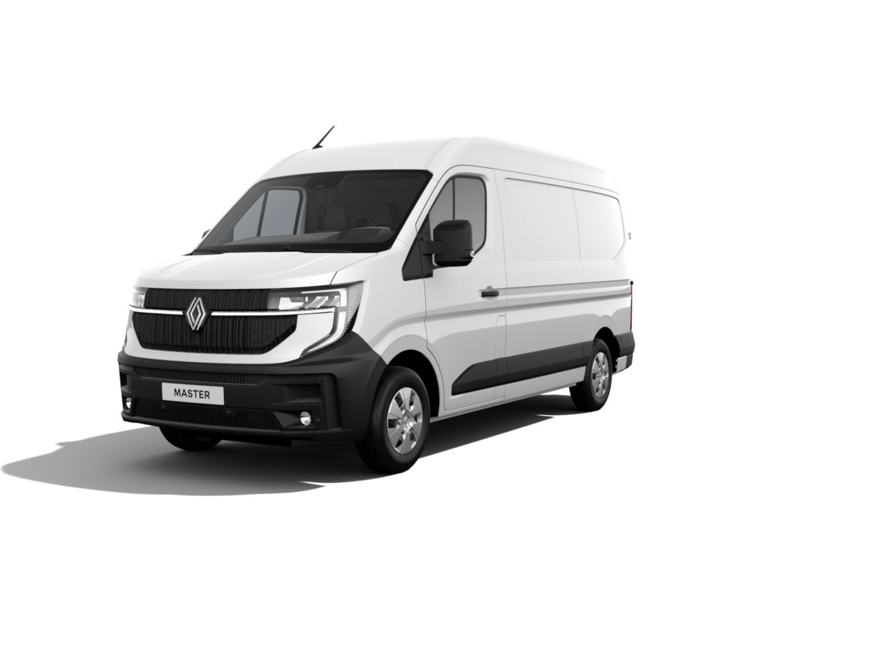 Ein weißer Renault Master Lieferwagen, frontal abgebildet, auf einem weißen Hintergrund.