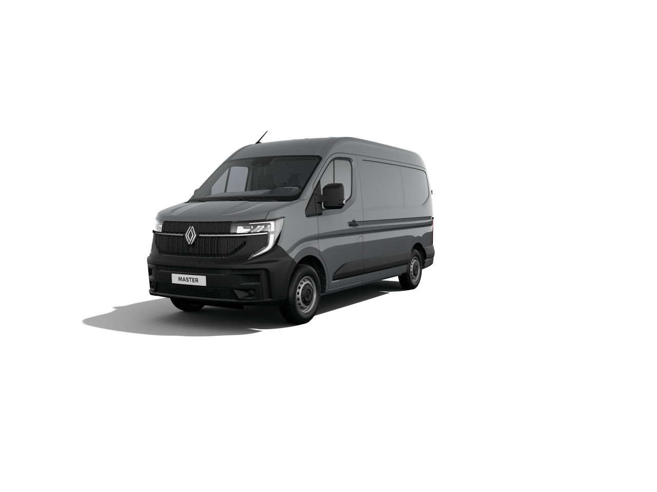 Schwarzer Renault Master Van in Frontansicht, ideal für Transporte und Gewerbe.