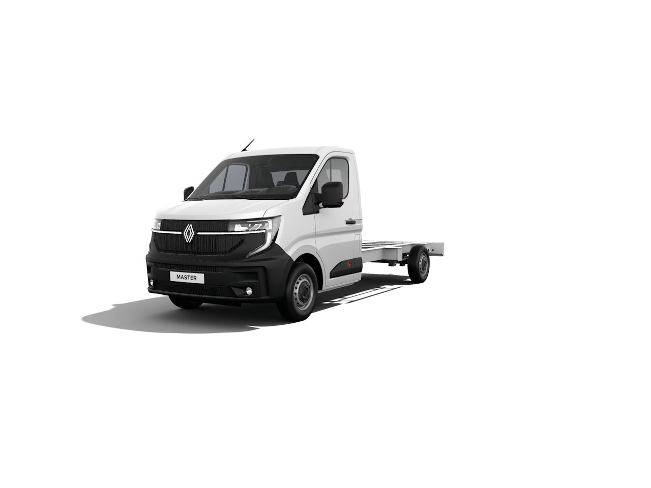 Weißer Renault Master Kastenwagen mit Frontansicht auf neutralem Hintergrund.