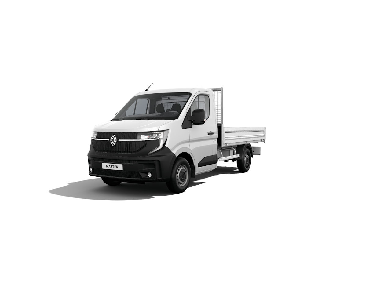 Weißer Renault Master Kastenwagen mit offenen Ladefläche, frontal abgebildet.