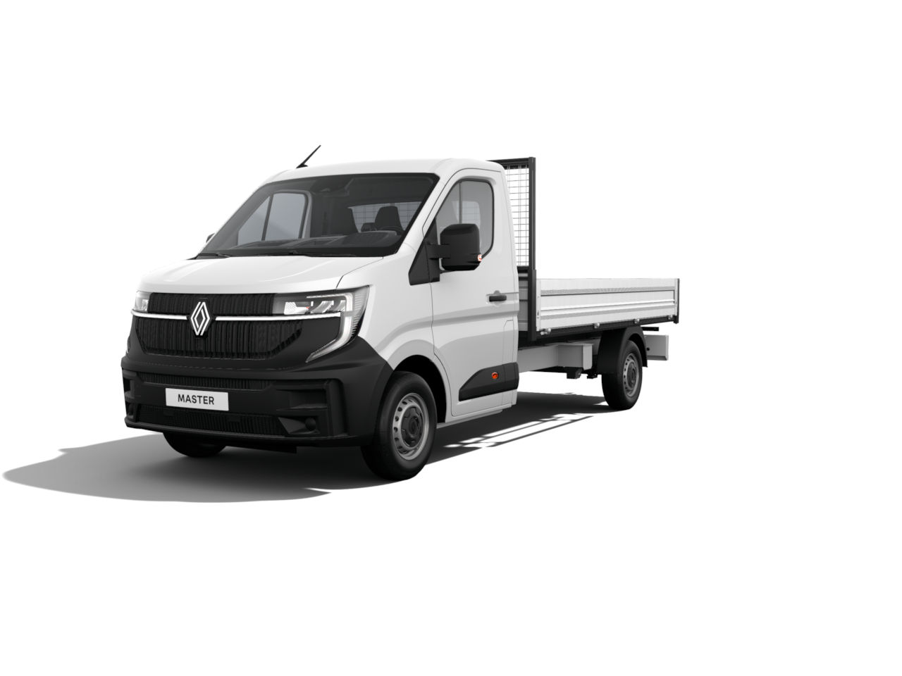 Weißer Renault Master Kastenwagen mit offener Ladefläche, seitlicher Ansicht auf neutralem Hintergrund.