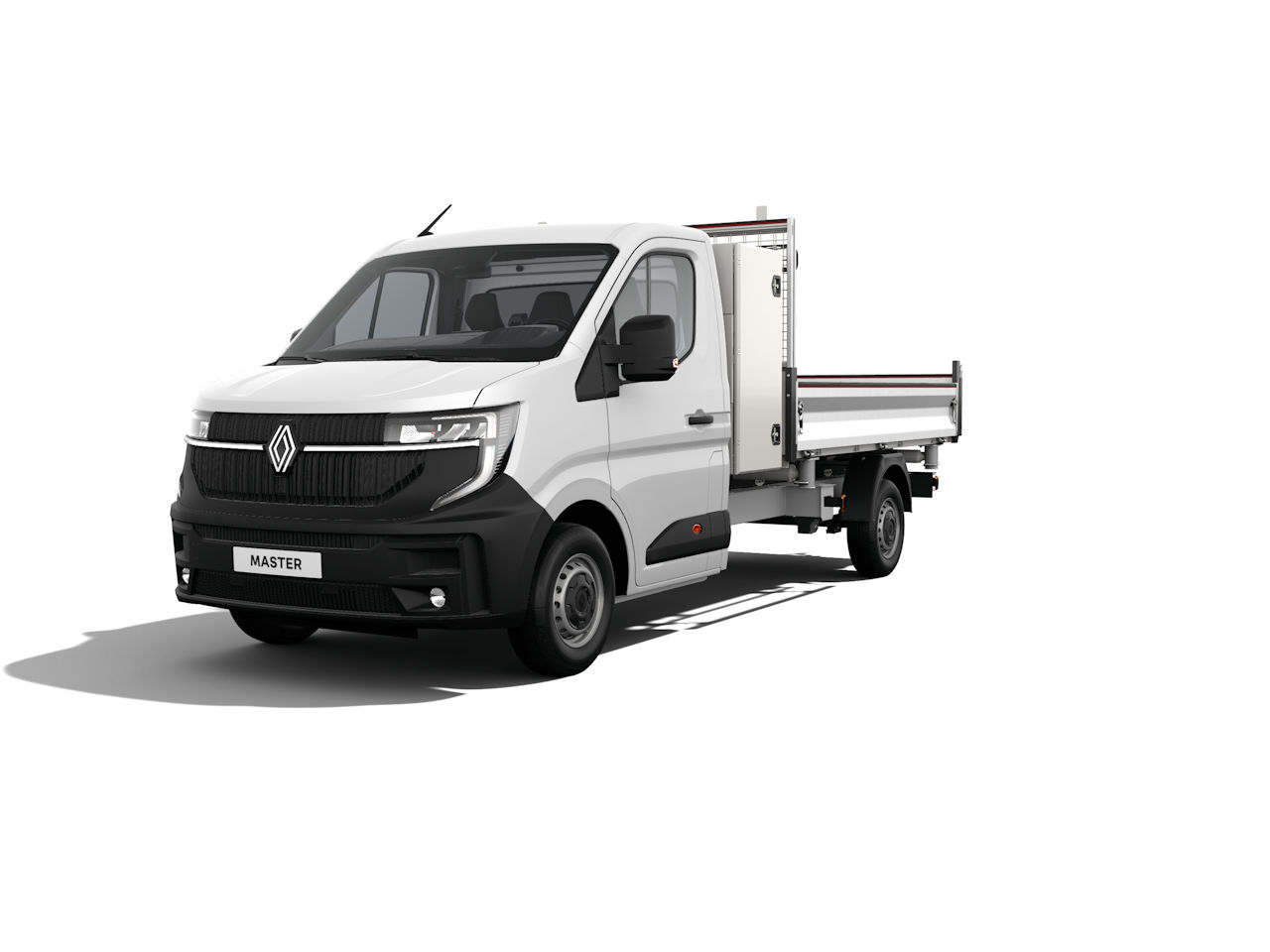 Weißer Renault Master mit offener Ladefläche, frontalansicht auf leerem Hintergrund.