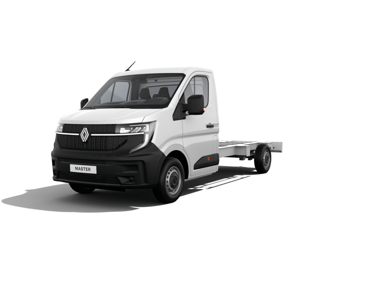 Renault Master Kastenwagen in Weiß, Ansicht von vorne mit offener Ladefläche, geeignet für Gewerbe.