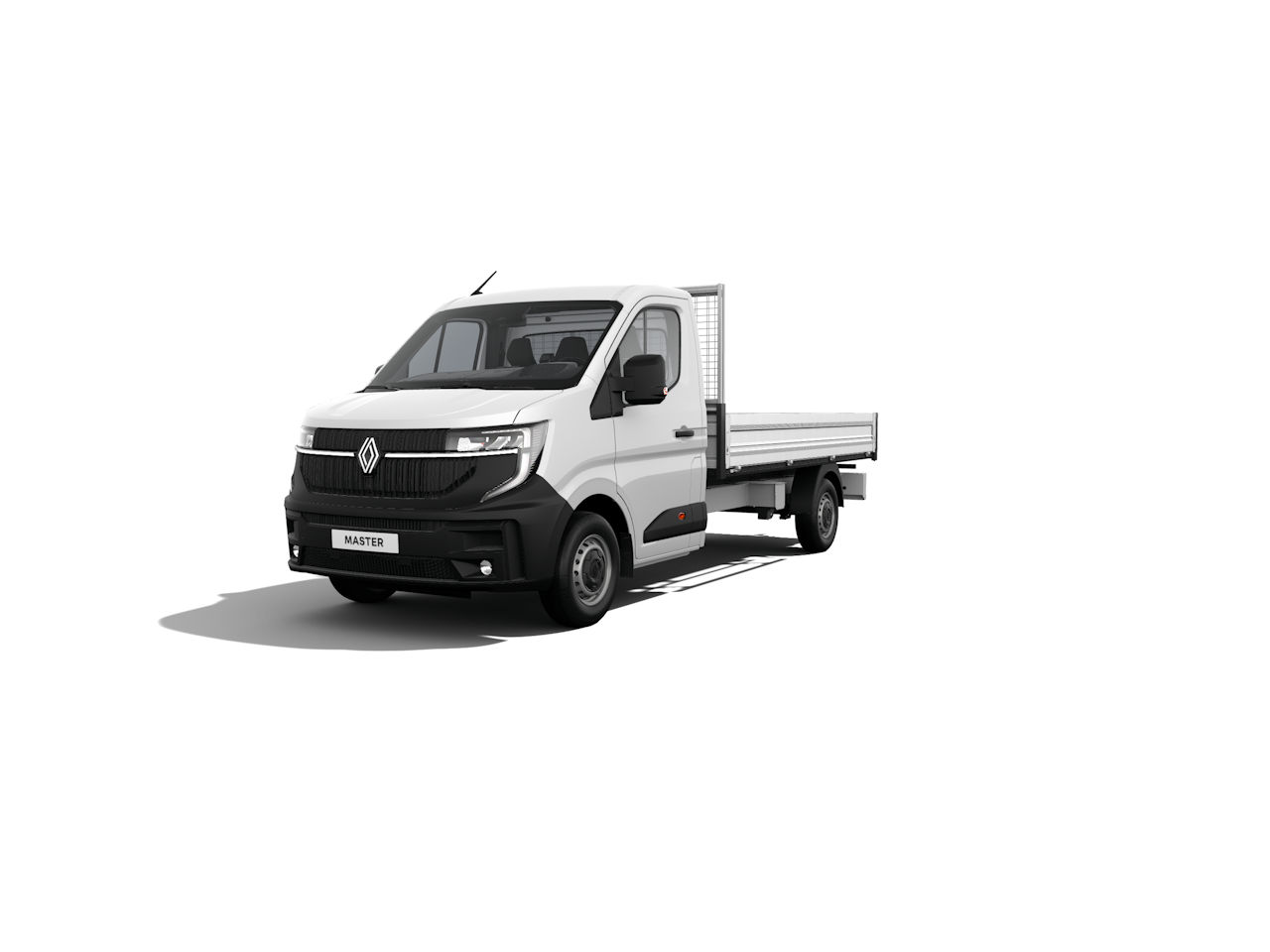 Weißer Renault Master Kastenwagen mit offener Ladefläche auf weißem Hintergrund.