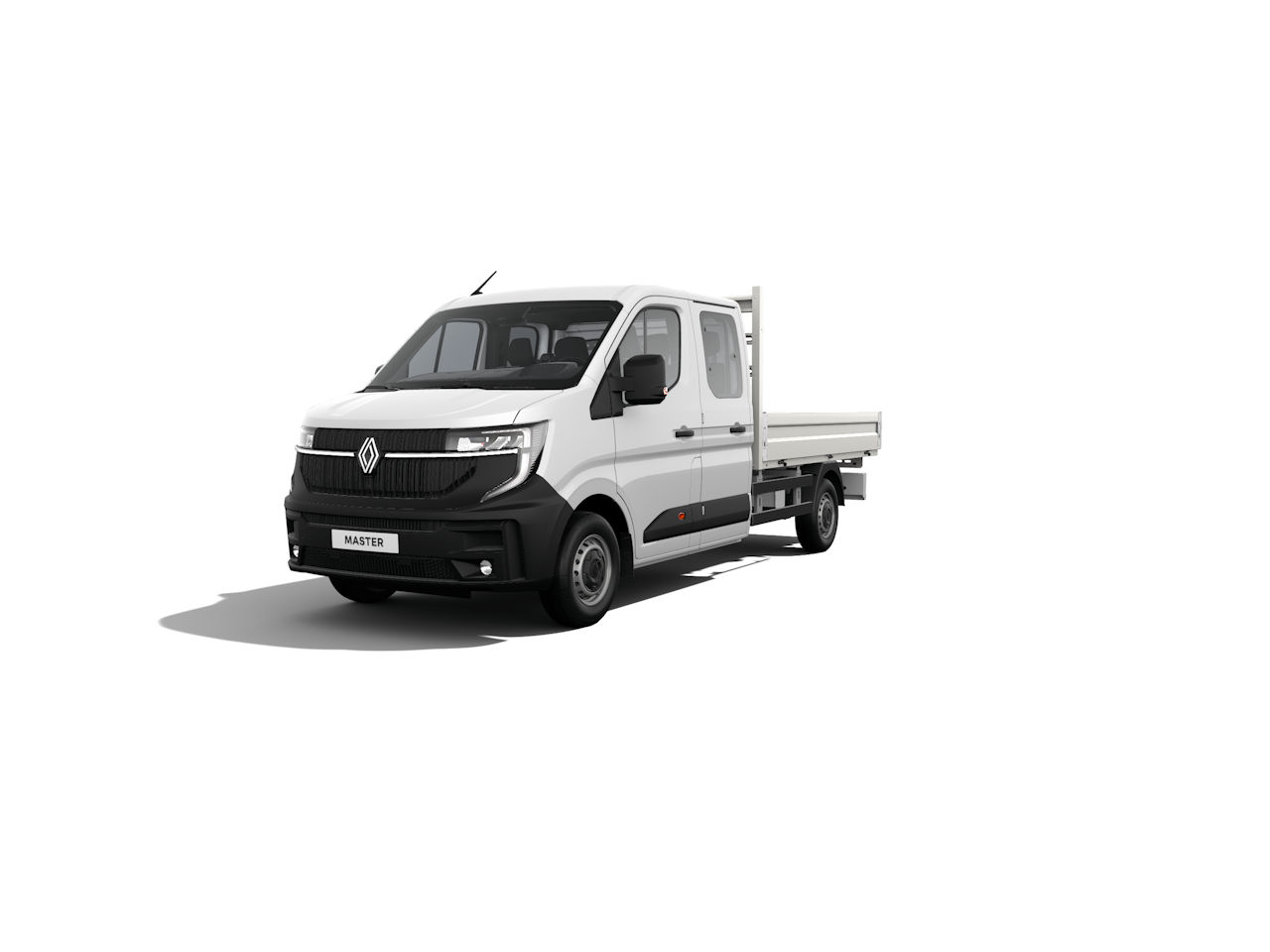 Ein weißer Renault Master Kastenwagen, vorne links, mit offener Ladefläche und modernem Design.