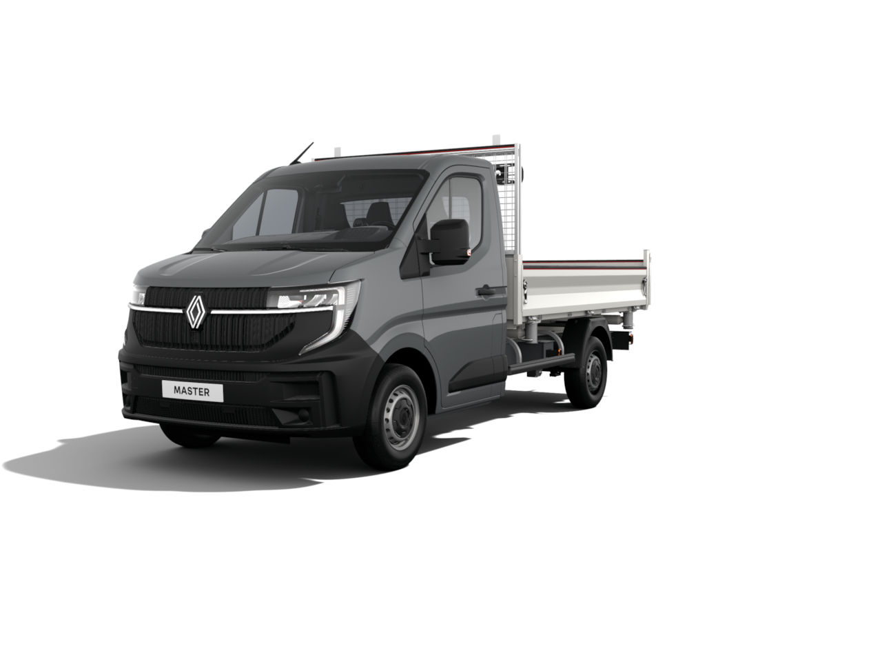 Ein schwarzer Renault Master Kastenwagen mit offenem Laderaum, frontal betrachtet.
