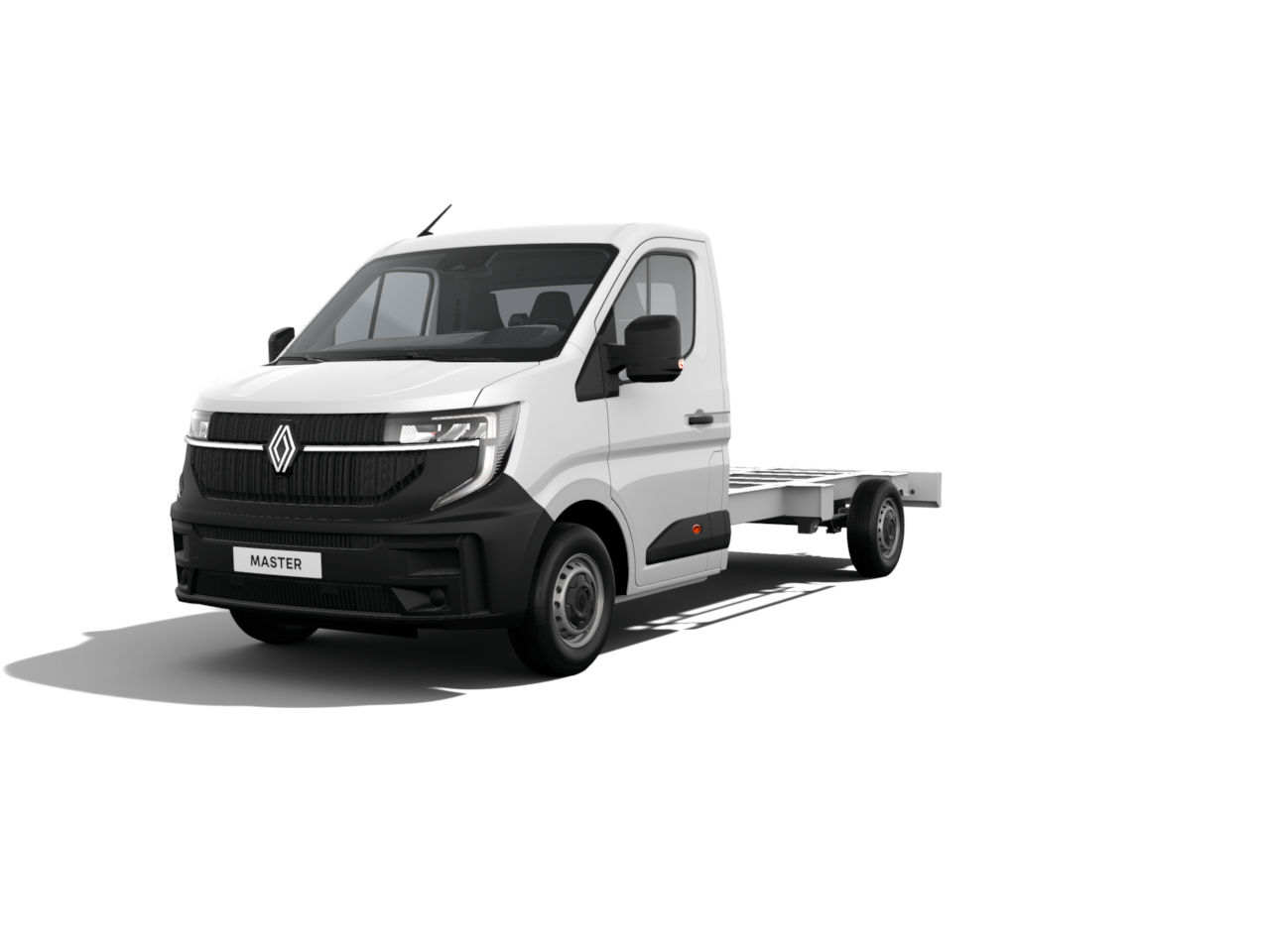 Weißer Renault Master Kastenwagen mit offener Ladefläche, Vorderansicht.