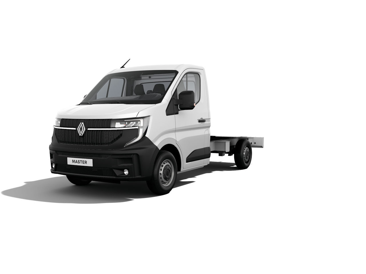Weißer Renault Master Nutzfahrzeug mit offenem Fahrgestell, Vorderansicht, minimalistisches Design.
