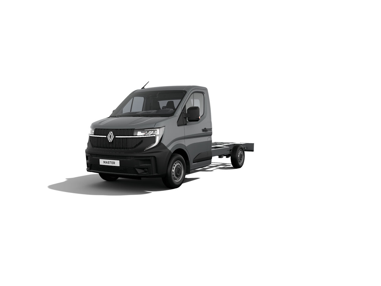 Schwarzer Renault Master Kleintransporter mit offener Ladefläche, frontal betrachtet.