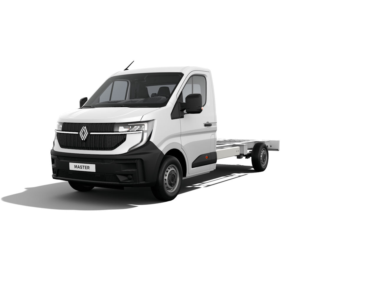 Weißer Renault Master Kastenwagen mit offener Ladefläche, frontal abgebildet auf weißem Hintergrund.