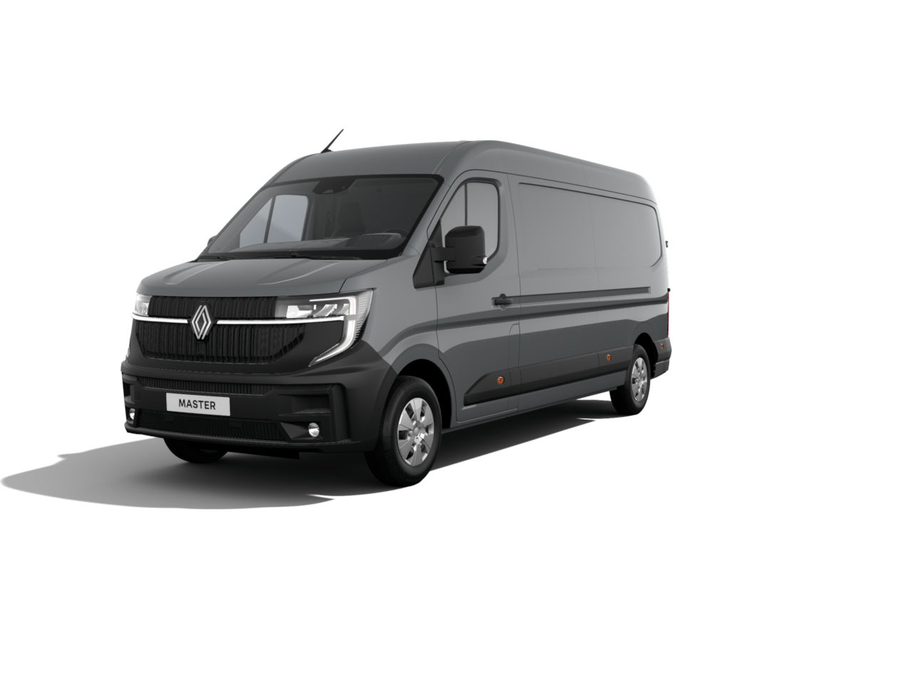 Schwarzer Renault Master Transporter auf weißem Hintergrund, seitliche Ansicht.